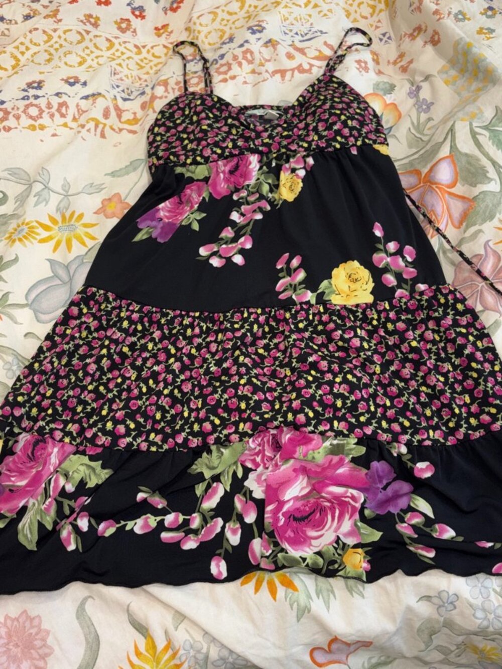 multicolored tie-back spaghetti strap floral dress